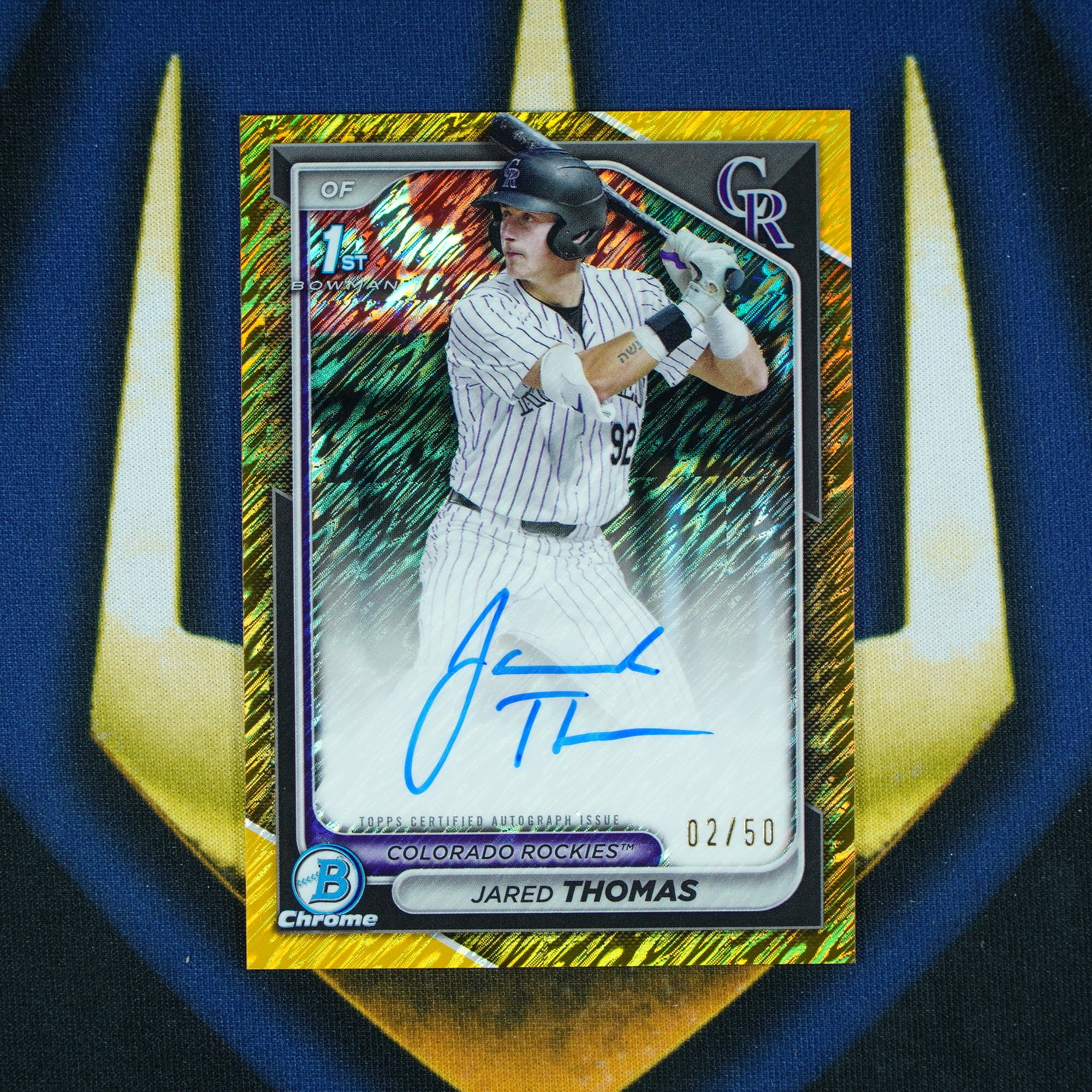 Jared Thomas 2024 Bowman Chrome Gold Shimmer Auto /50