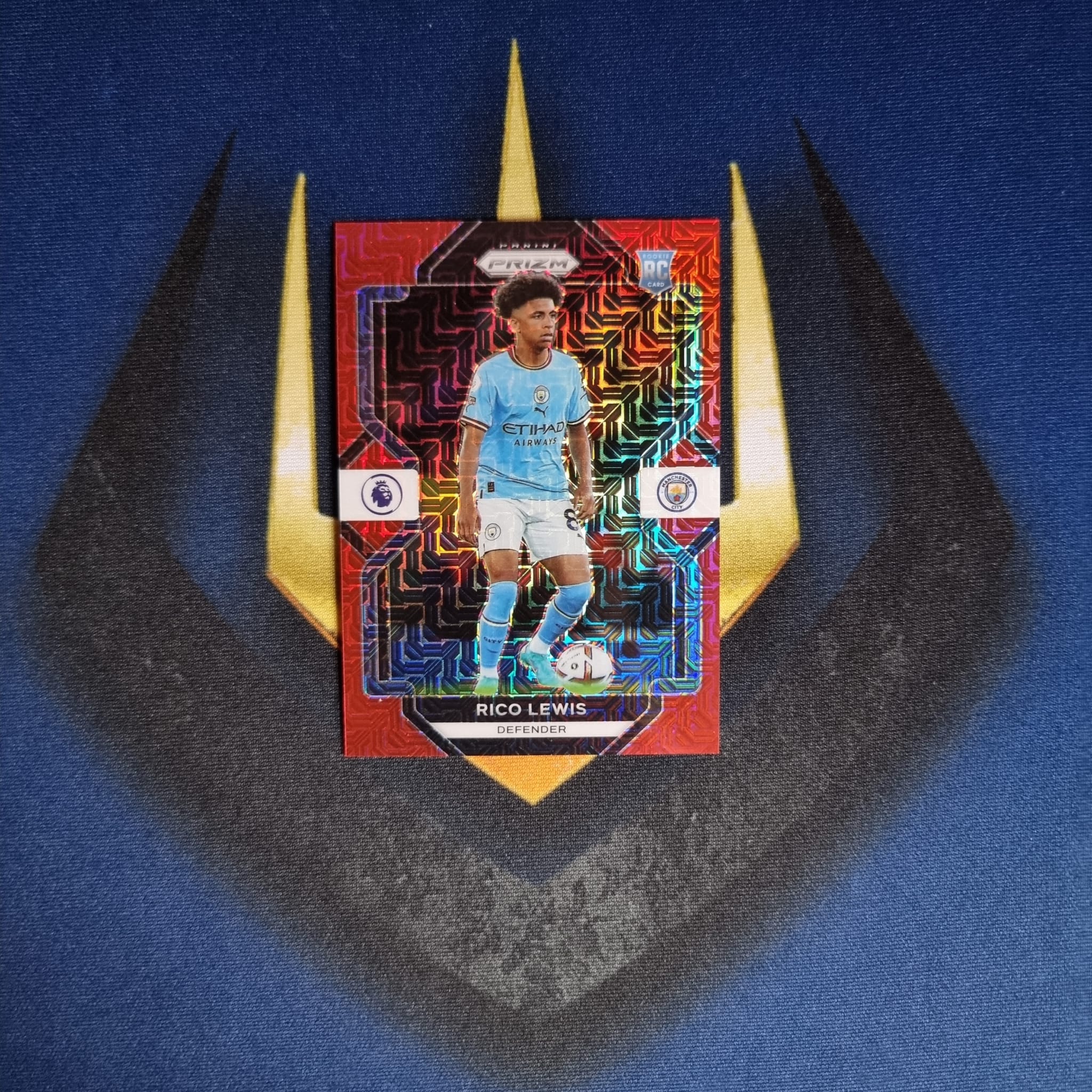 Rico Lewis 2022-23 Panini Prizm EPL Red Mojo 29/99 Manchester City RC Rookie Card