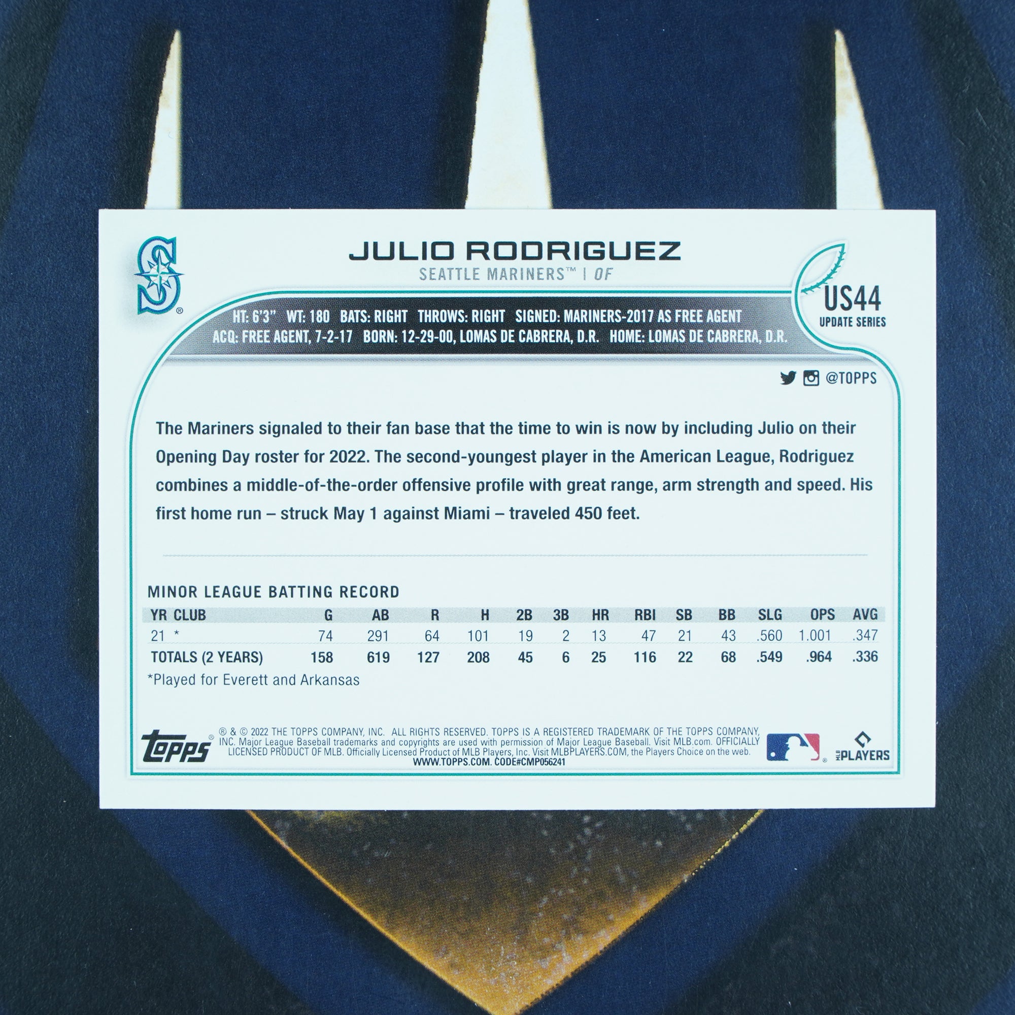 Julio Rodriguez 2022 Topps Update #US44 Seattle Mariners RC