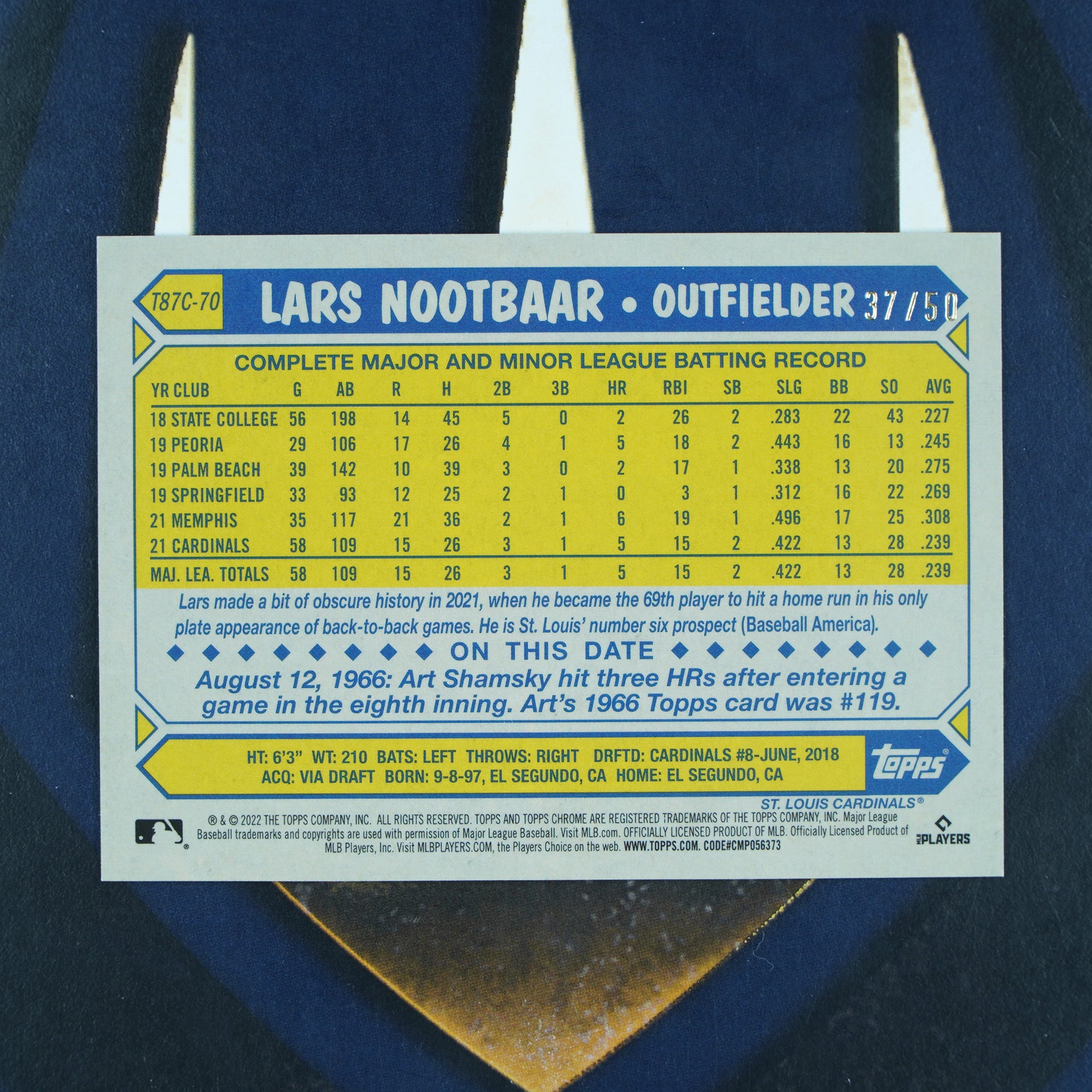Lars Nootbaar 2022 Topps Update 1987 Silver Pack Mojo Gold /50 #T87C-70 St Louis Cardinals