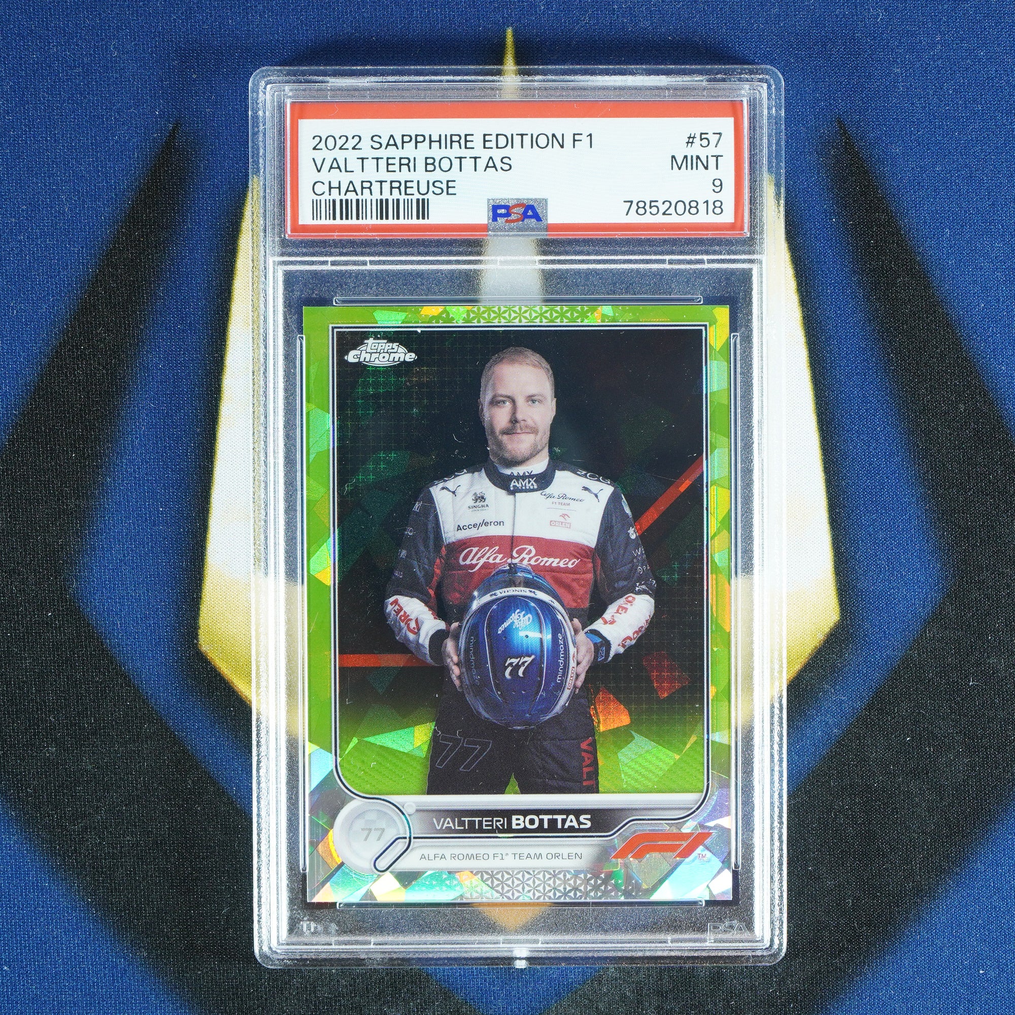 Valterri Bottas 2022 TOPPS CHROME SAPPHIRE Chartreuse /199 [PSA 9]