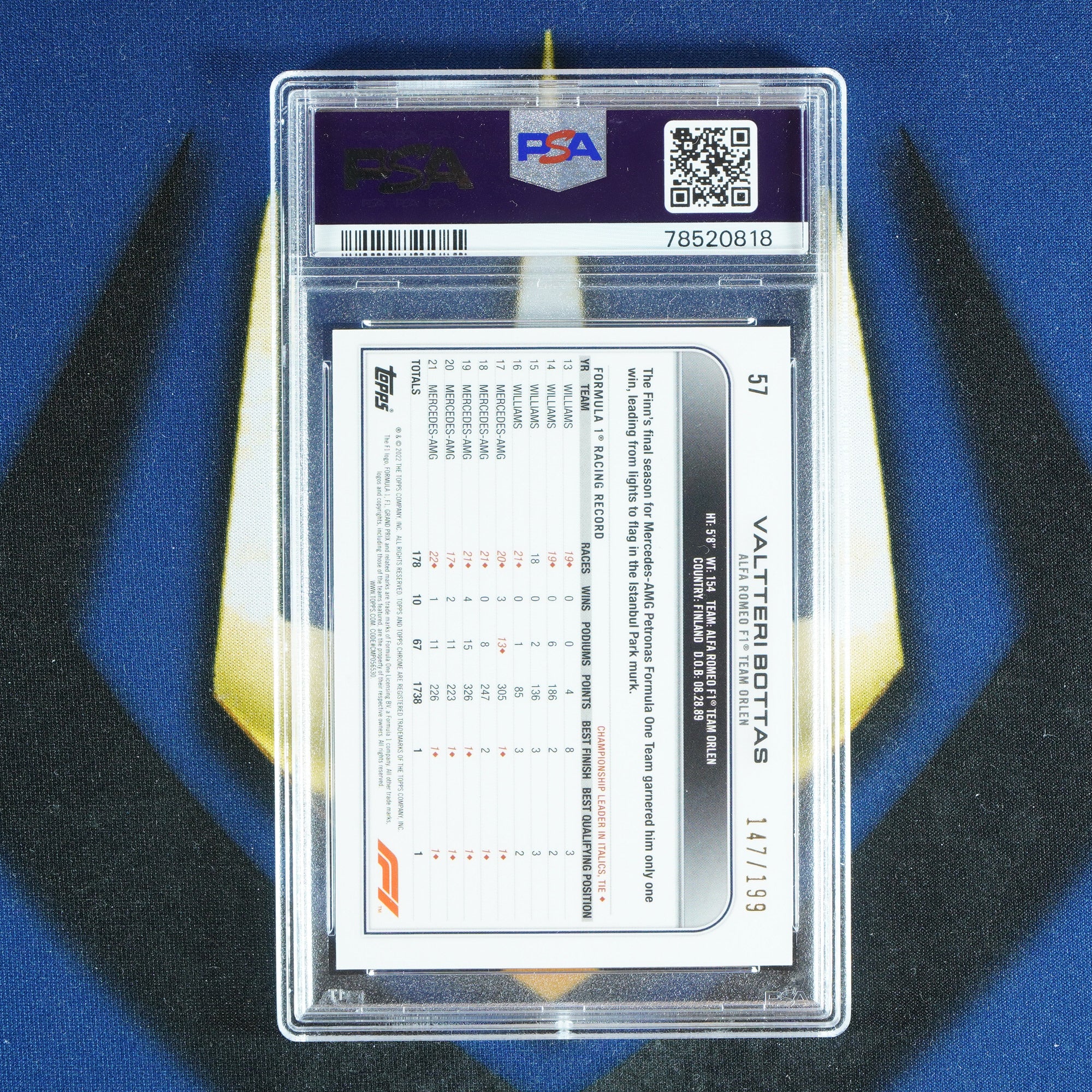 Valterri Bottas 2022 TOPPS CHROME SAPPHIRE Chartreuse /199 [PSA 9]