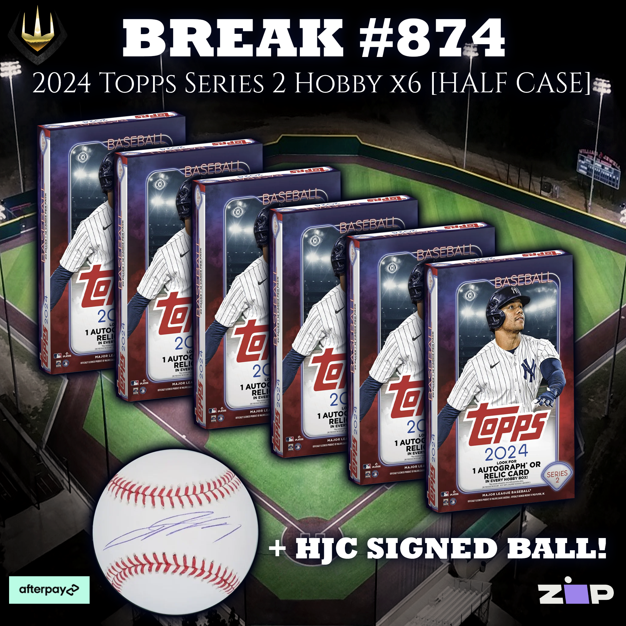 #874 2024 Topps Series 2 Baseball Hobby x6 (HALF CASE) + HJC Signed Baseball x1 [Pick Your Team]