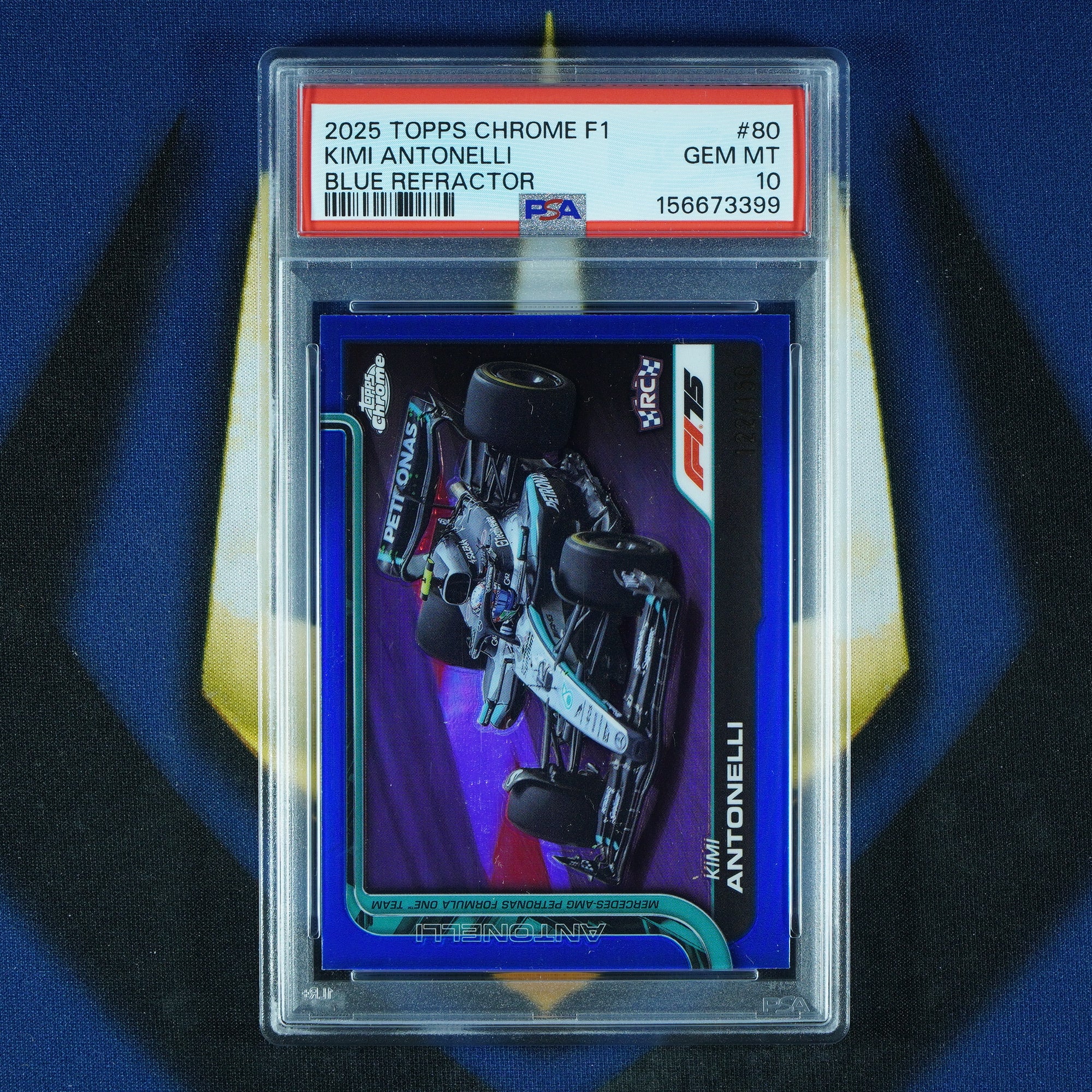Kimi Antonelli 2025 Topps Chrome F1 Blue Refractor /150 #80 RC [PSA 10]