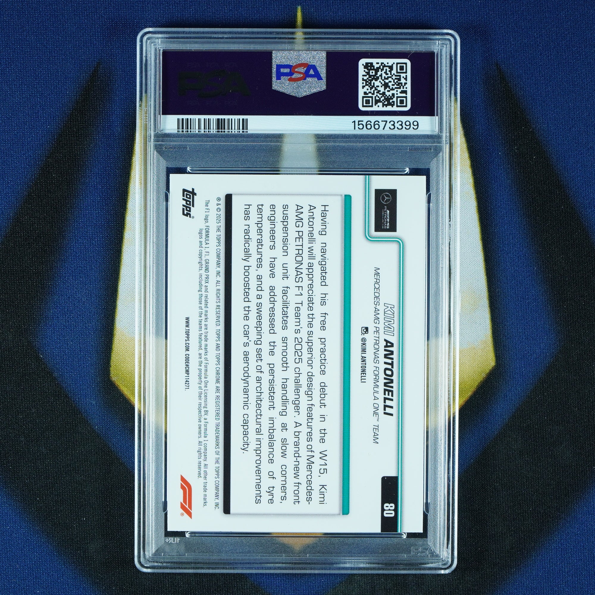 Kimi Antonelli 2025 Topps Chrome F1 Blue Refractor /150 #80 RC [PSA 10]