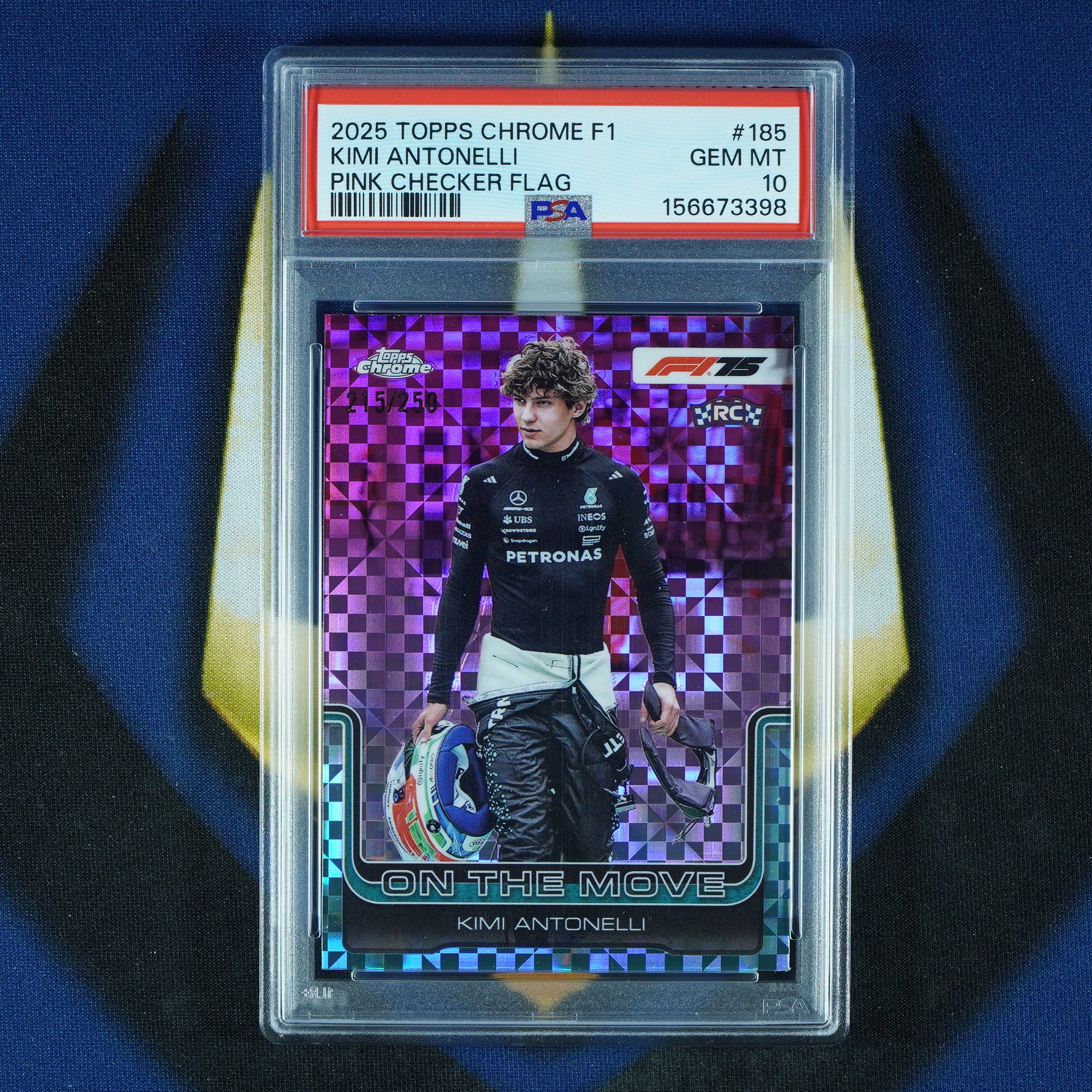 Kimi Antonelli 2025 Topps Chrome F1 Pink Checker Flag /250 #185 RC [PSA 10]