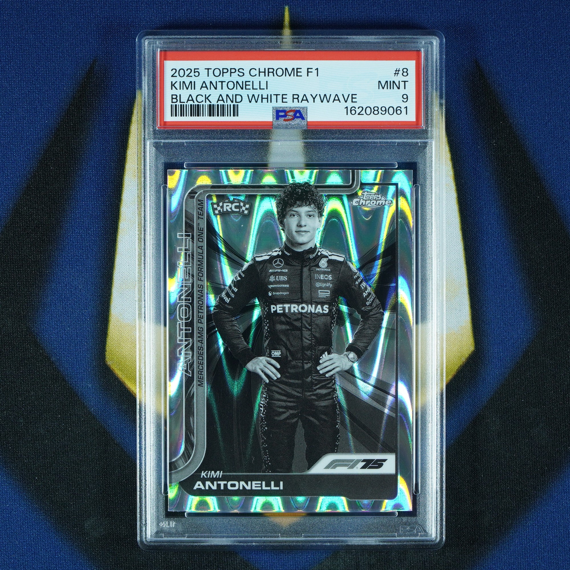Kimi Antonelli 2025 Topps Chrome F1 Black and White Raywave #8 RC [PSA 9]