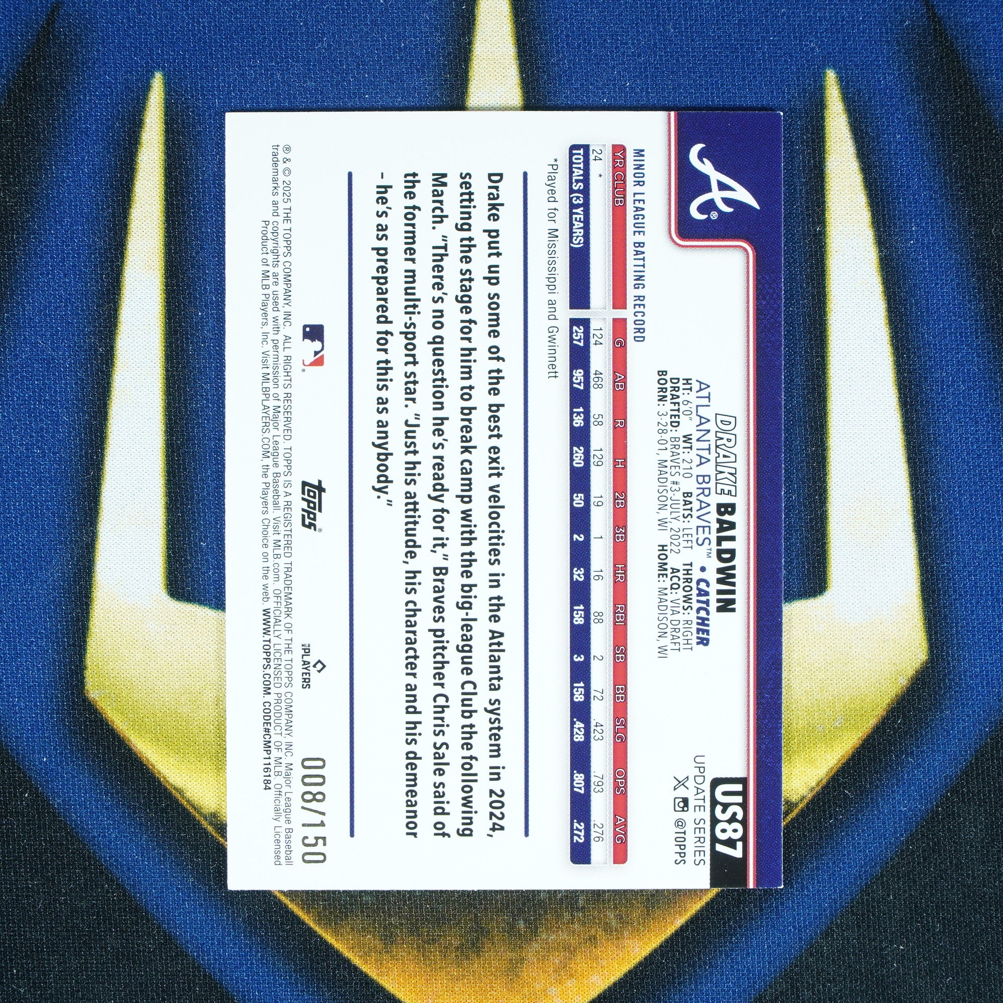 Drake Baldwin 2025 Topps Update Blue Holofoil /150 RC