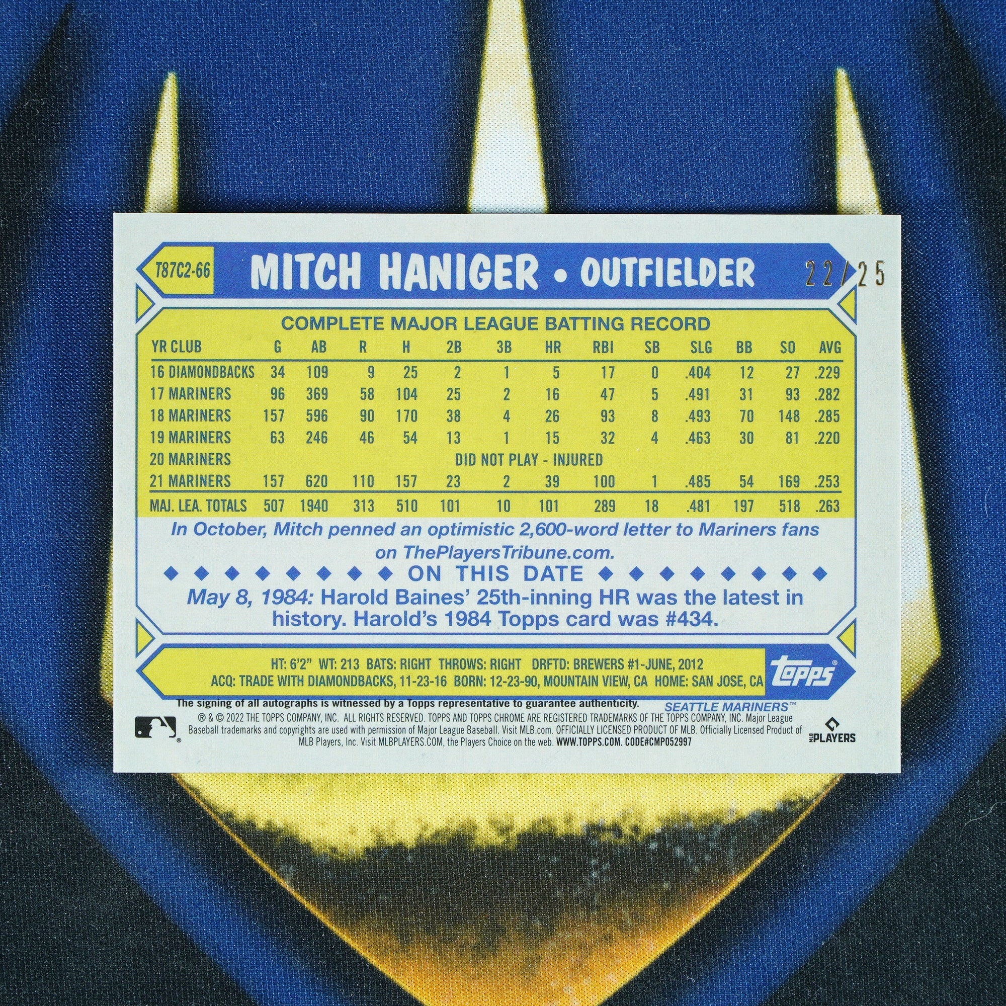Mitch Haniger 2022 Chrome Series 2 Silver Pack 1987 Mojo Auto Orange /25