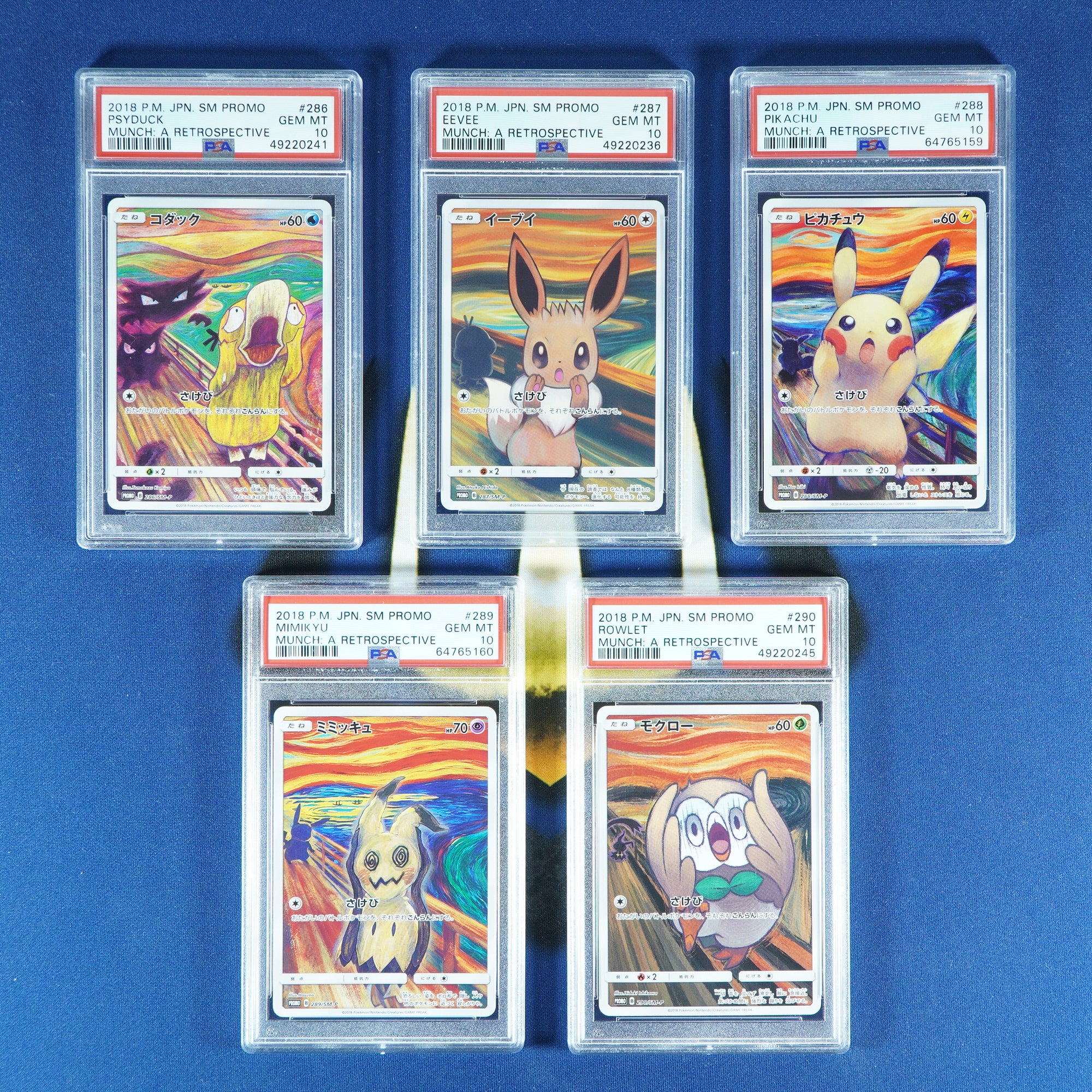 Set of 5 MUNCH A RETROSPECTIVE Psyduck Eevee Pikachu Mimikyu Rowlet [PSA 10]