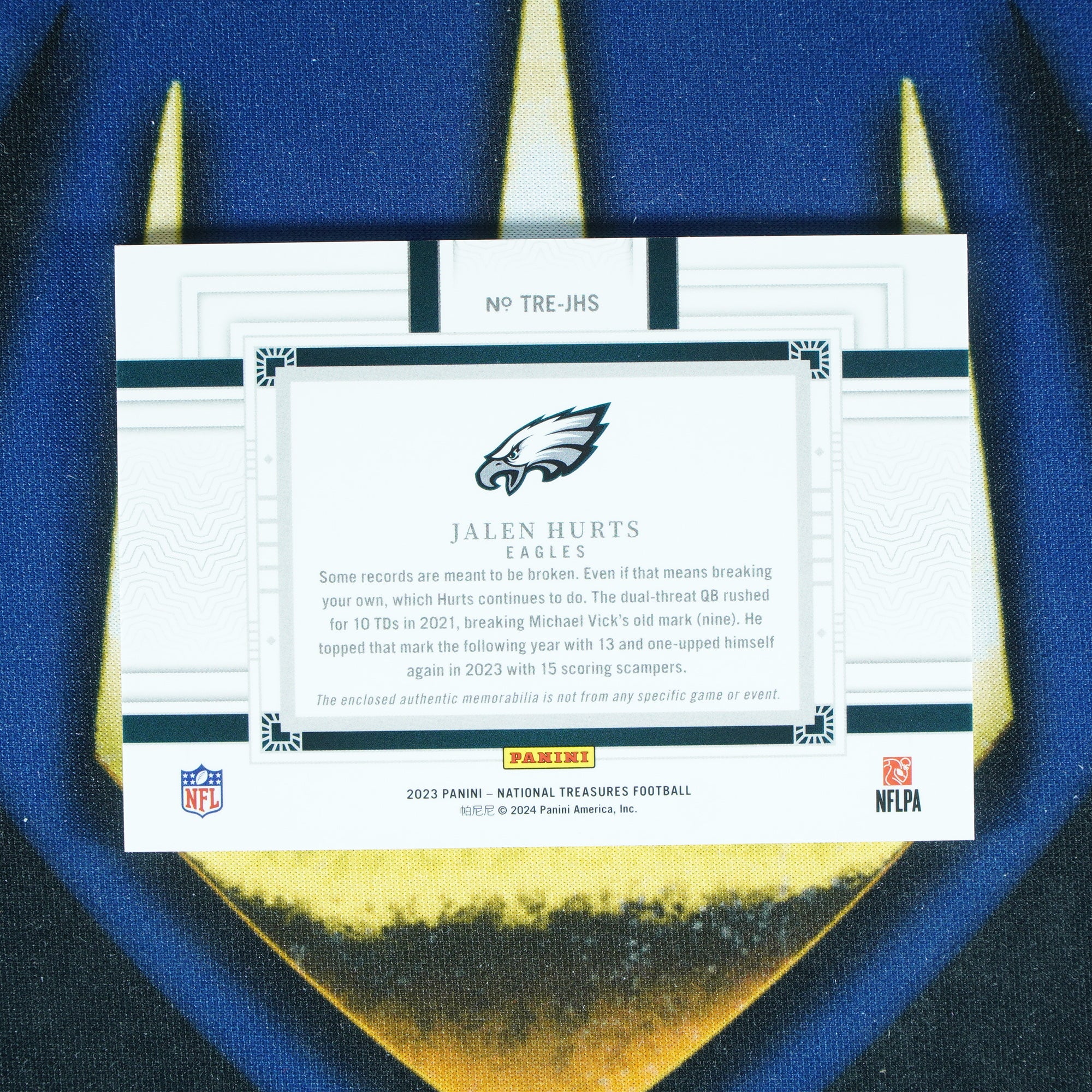 Jalen Hurts 2023 Panini National Treasures Tremendous Treasures Jumbo Patch /49