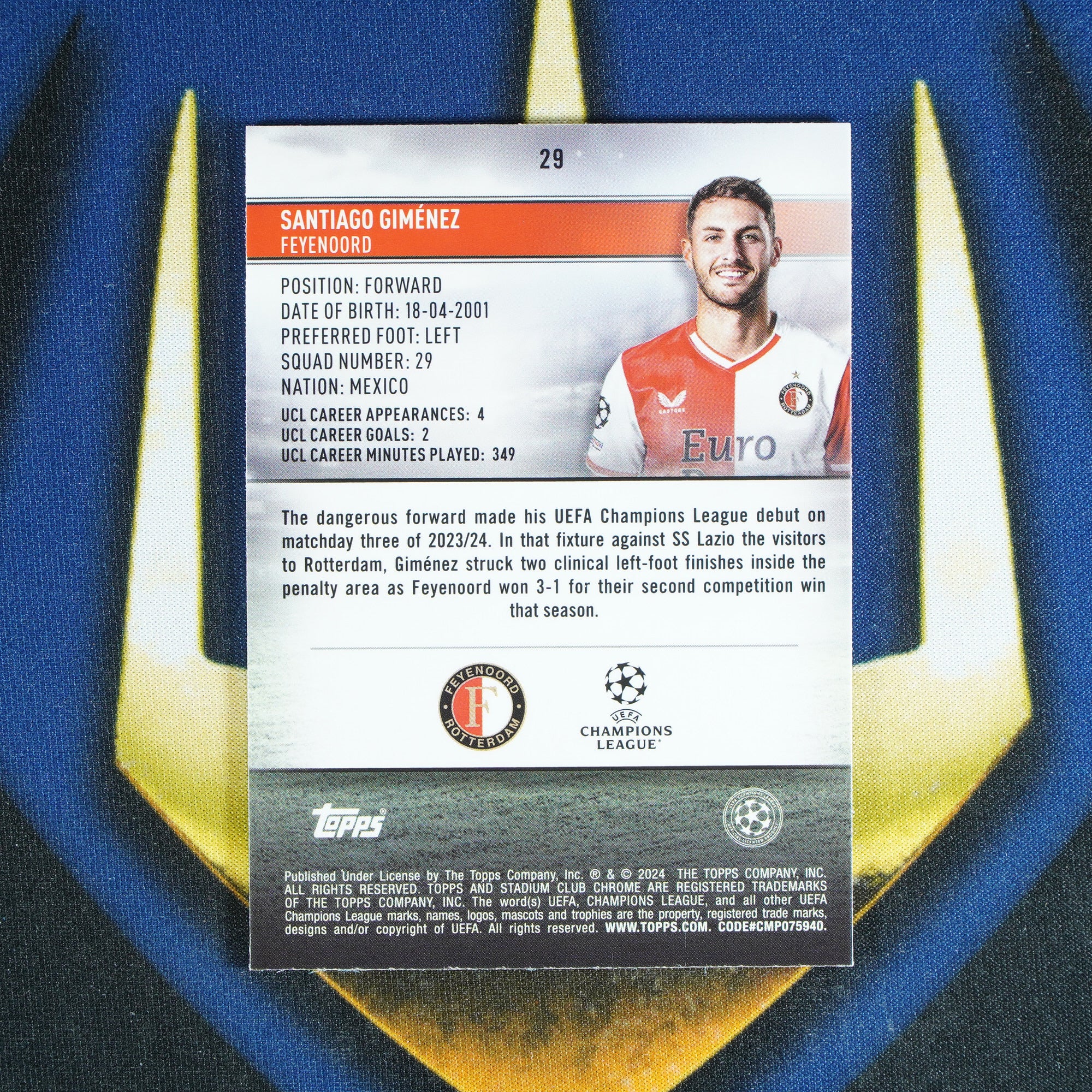 Santiago Gimenez 2023-24 TOPPS STADIUM CLUB CHROME Aqua Wave /250 #29  [Raw]