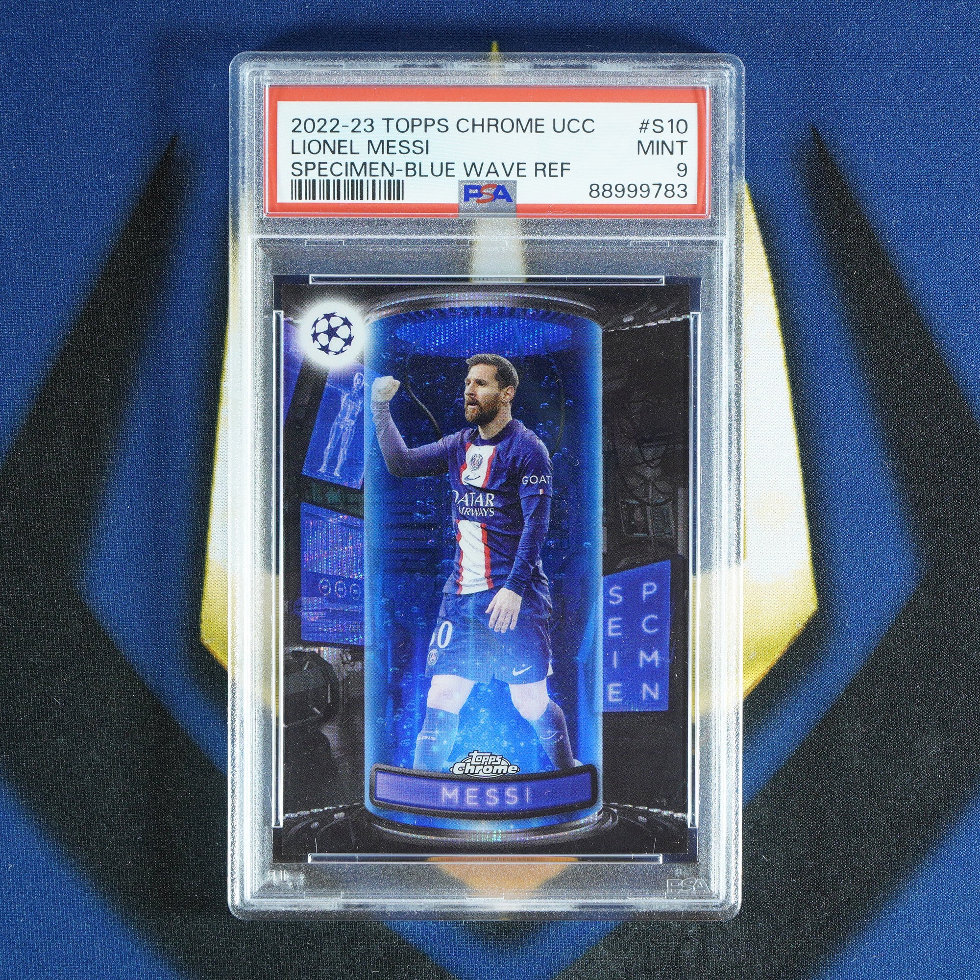Lionel Messi 2022-23 TOPPS CHROME UCC Specimen Blue Wave /75 S-10  [PSA 9]