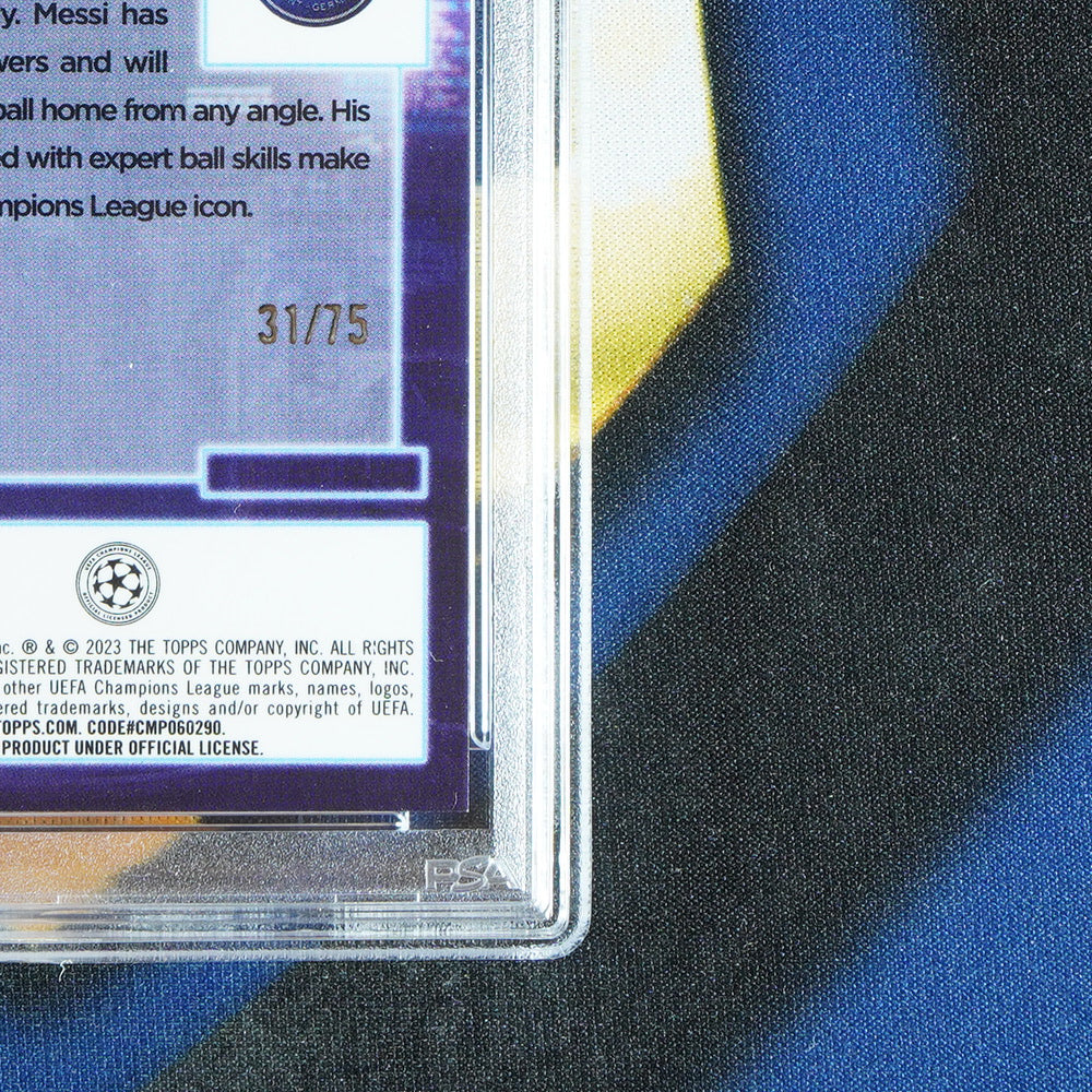 Lionel Messi 2022-23 TOPPS CHROME UCC Specimen Blue Wave /75 S-10  [PSA 9]