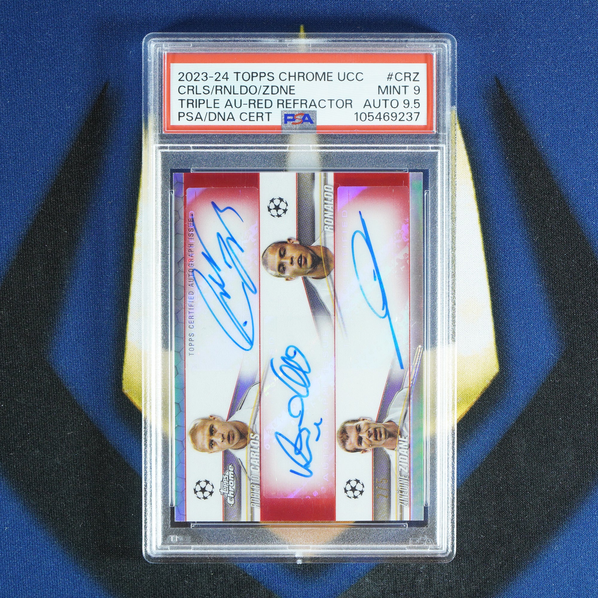 Carlos/Ronaldo/Zidane 2023-24 TOPPS CHROME UCC Triple Auto Red /5 TA-CRZ  [PSA 9 Auto 9.5]
