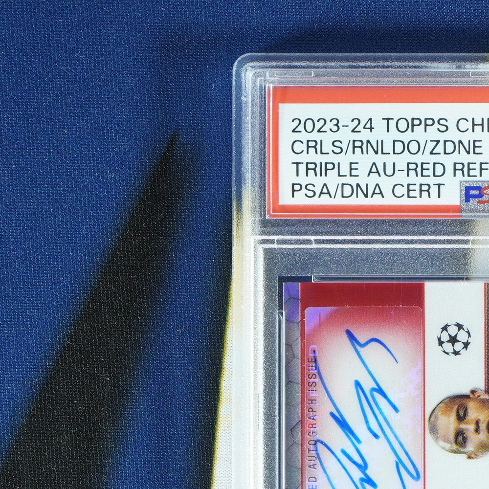 Carlos/Ronaldo/Zidane 2023-24 TOPPS CHROME UCC Triple Auto Red /5 TA-CRZ  [PSA 9 Auto 9.5]