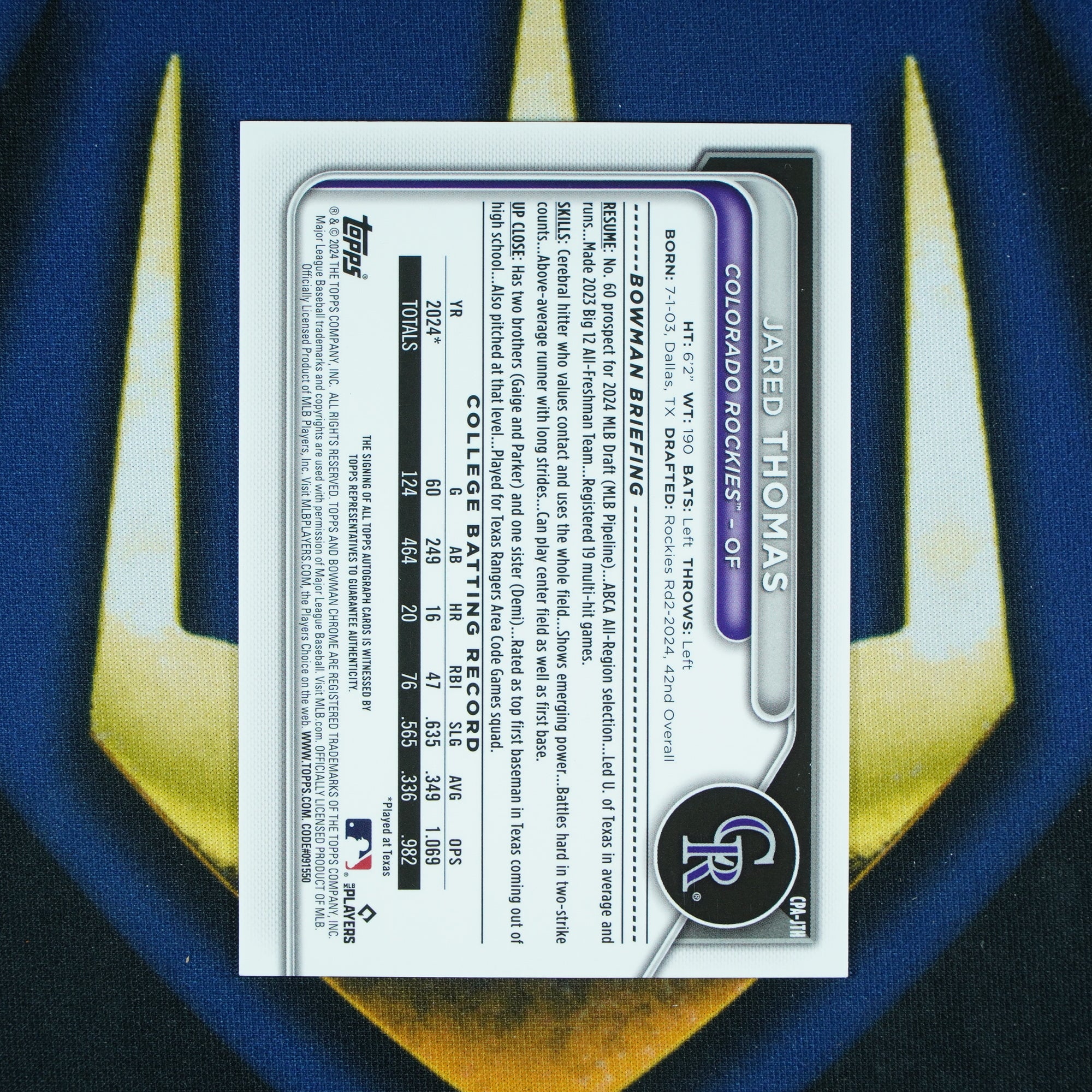 Jared Thomas 2024 Bowman Chrome Gold Shimmer Auto /50