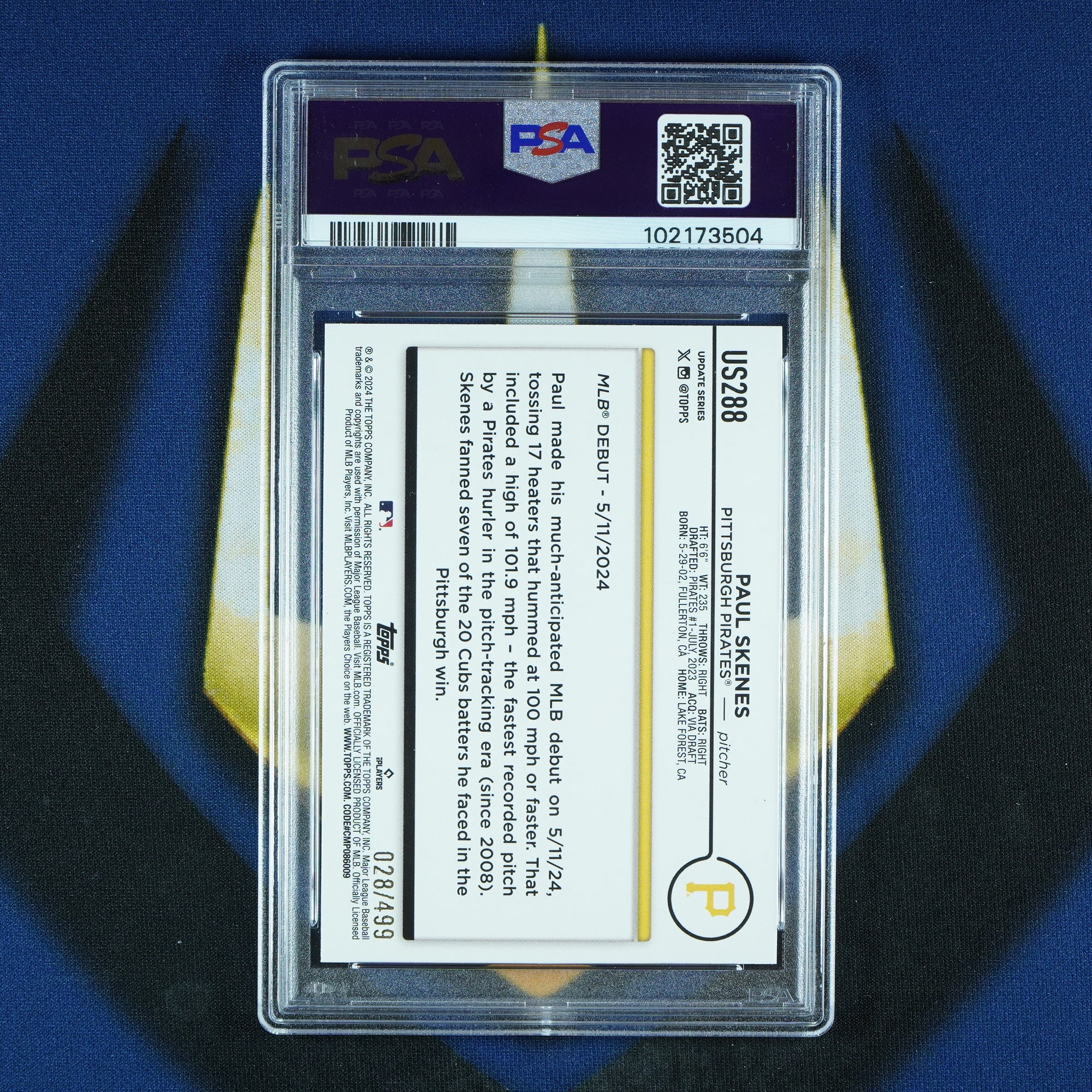 Paul Skenes 2024 Topps Update Green Foil Board /499 Rookie Debut RC [PSA 10]