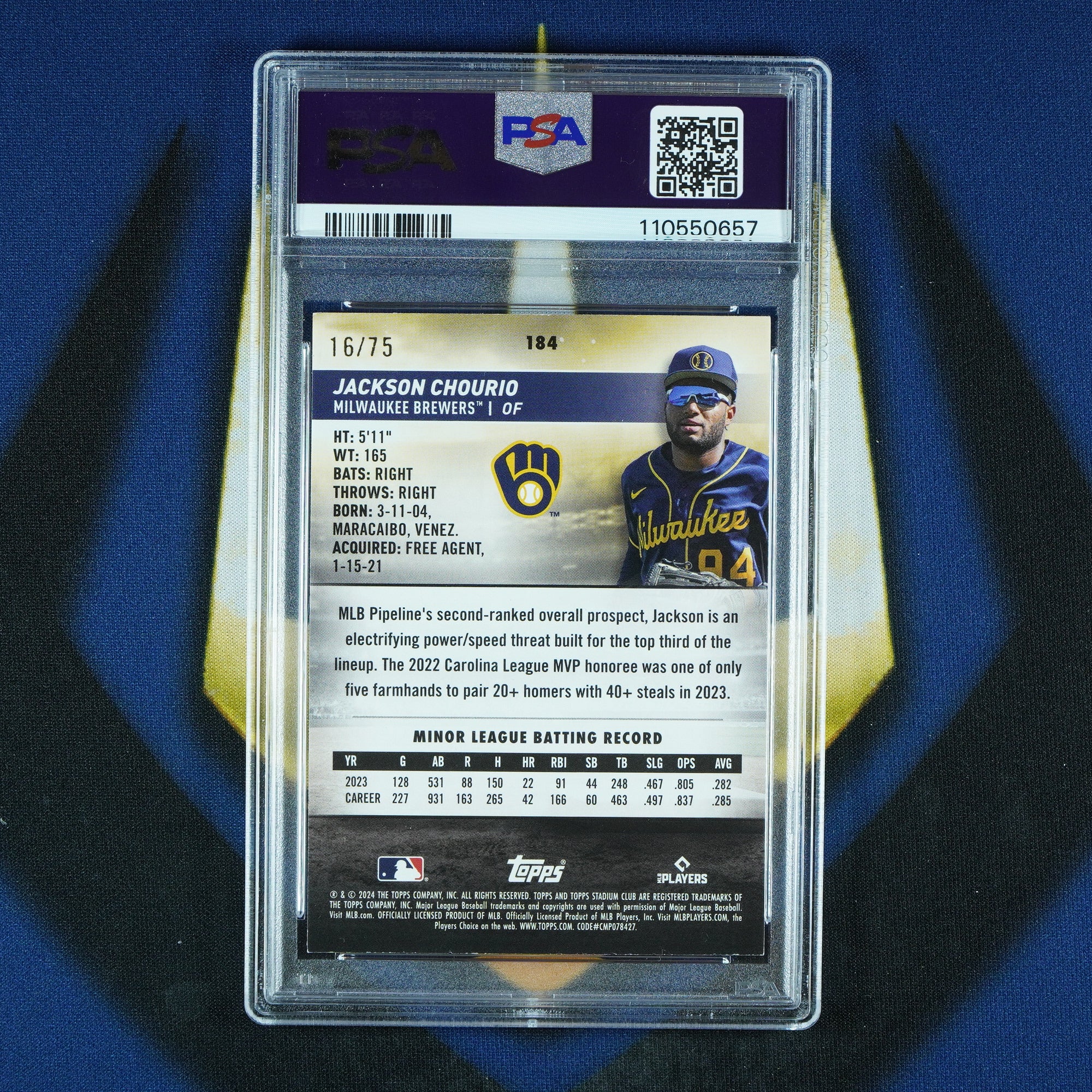 Jackson Chourio 2024 Topps Stadium Club Purple Foil /75 RC [PSA 8]