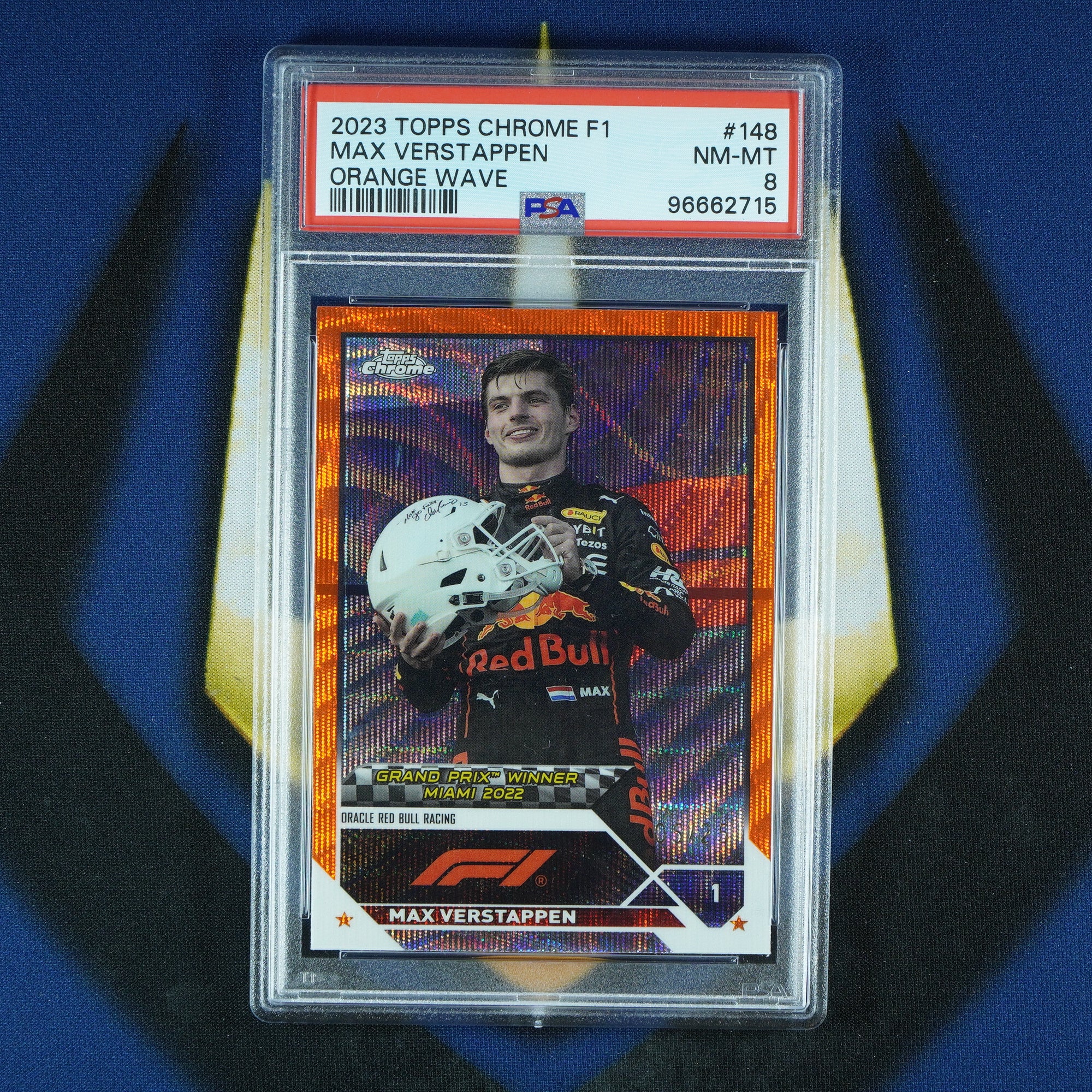 Max Verstappen 2023 Topps Chrome Orange Wave /25 #148 [PSA 8]